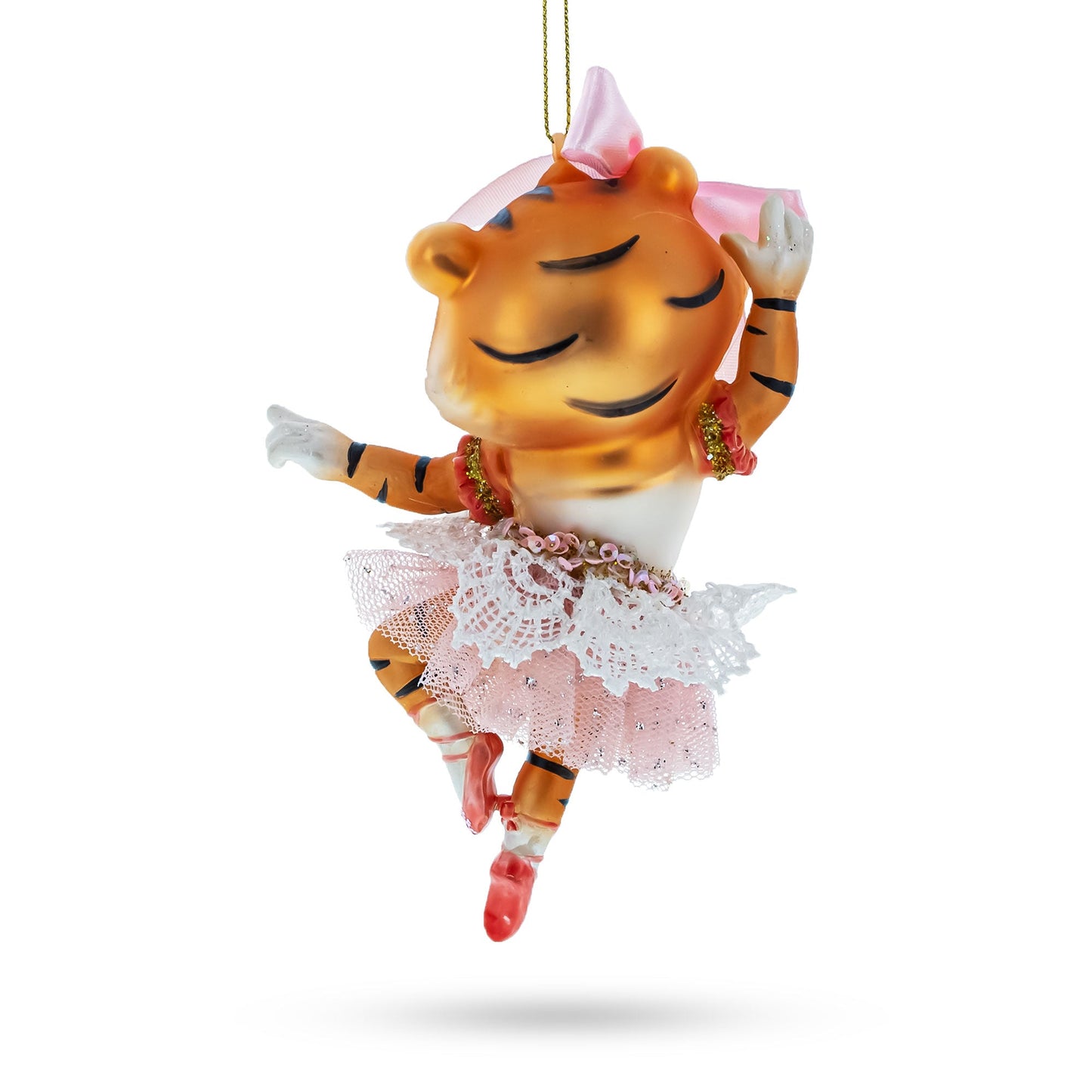 Lady Tiger in Pink Dress Glass Christmas Ornament