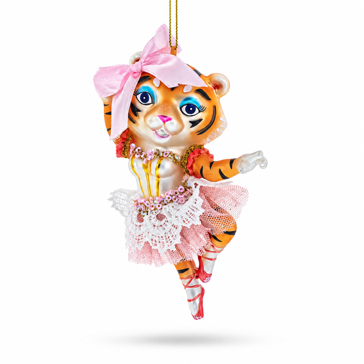 Lady Tiger in Pink Dress Glass Christmas Ornament