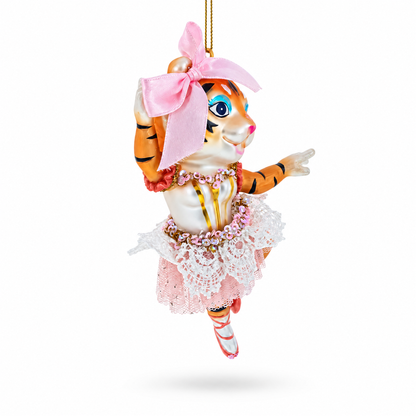 Lady Tiger in Pink Dress Glass Christmas Ornament