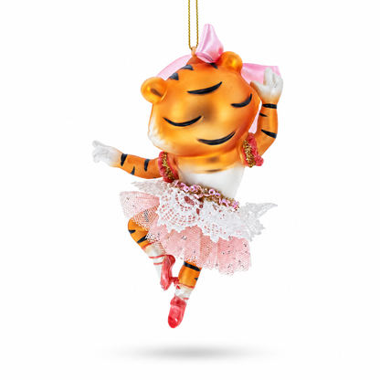 Lady Tiger in Pink Dress Glass Christmas Ornament