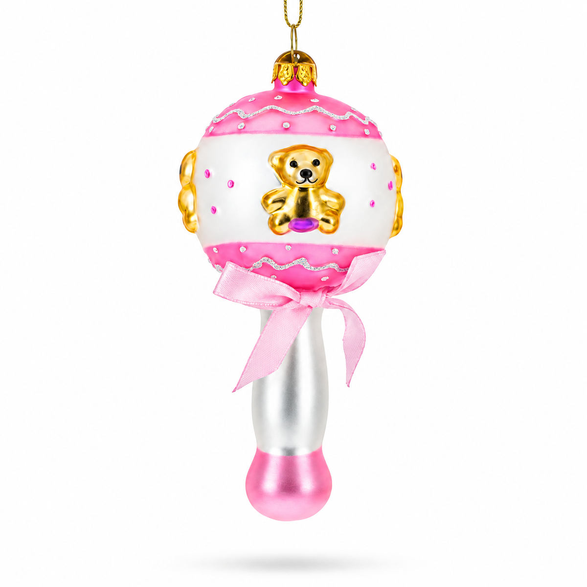 Delightful Baby Pink Rattle Glass Christmas Ornament