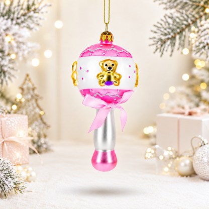 Delightful Baby Pink Rattle Glass Christmas Ornament