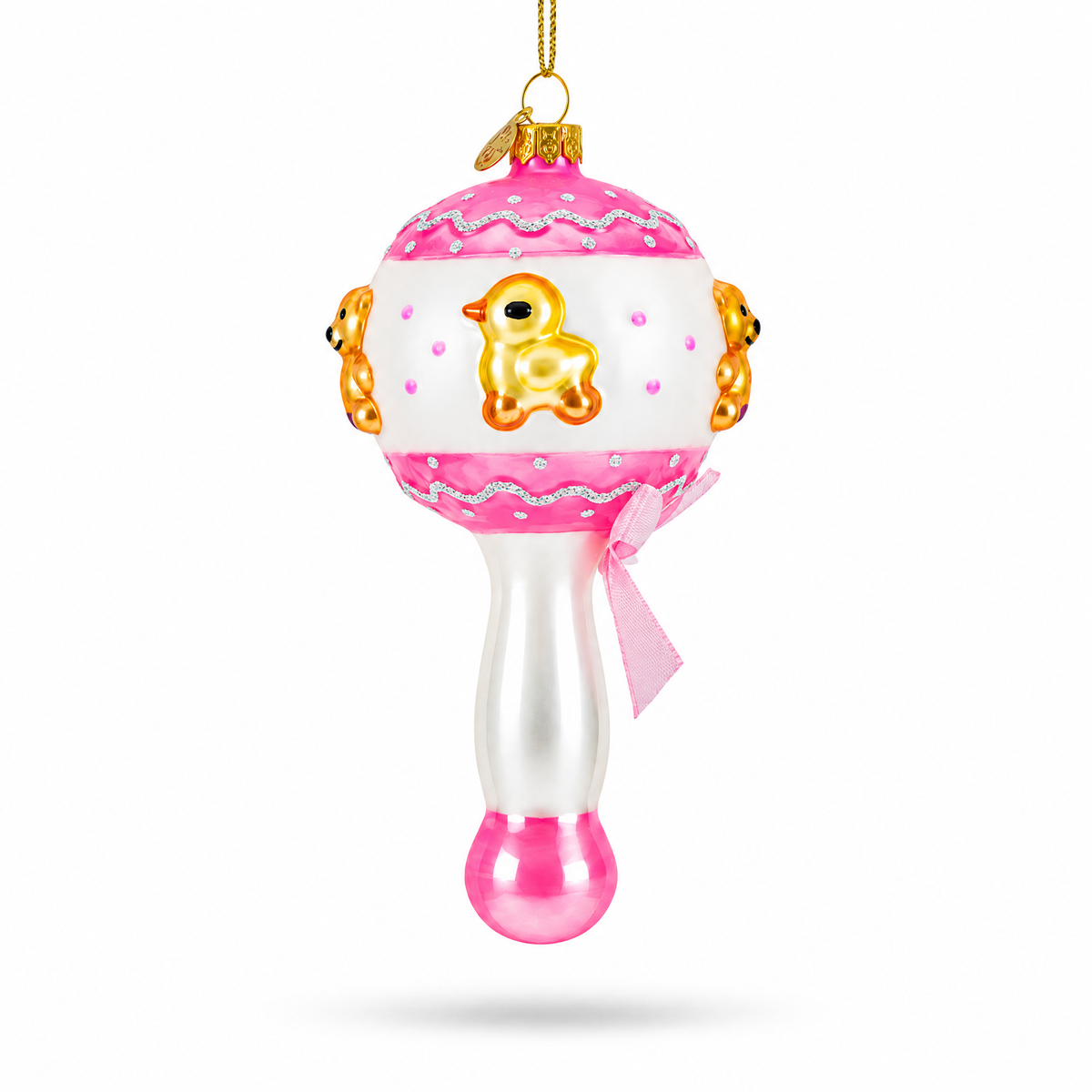 Delightful Baby Pink Rattle Glass Christmas Ornament