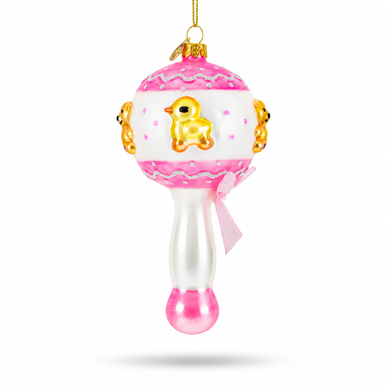 Delightful Baby Pink Rattle Glass Christmas Ornament