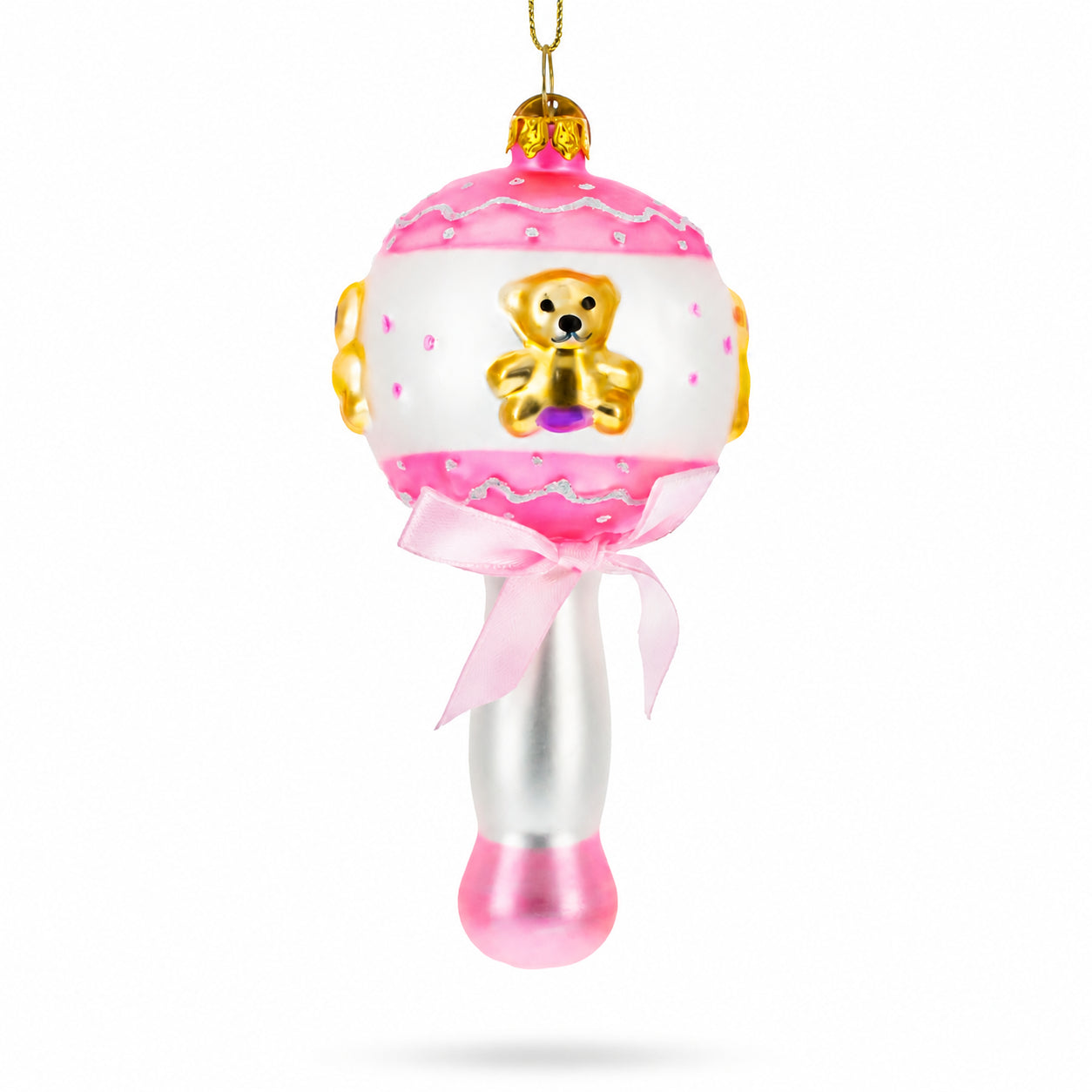 Delightful Baby Pink Rattle Glass Christmas Ornament