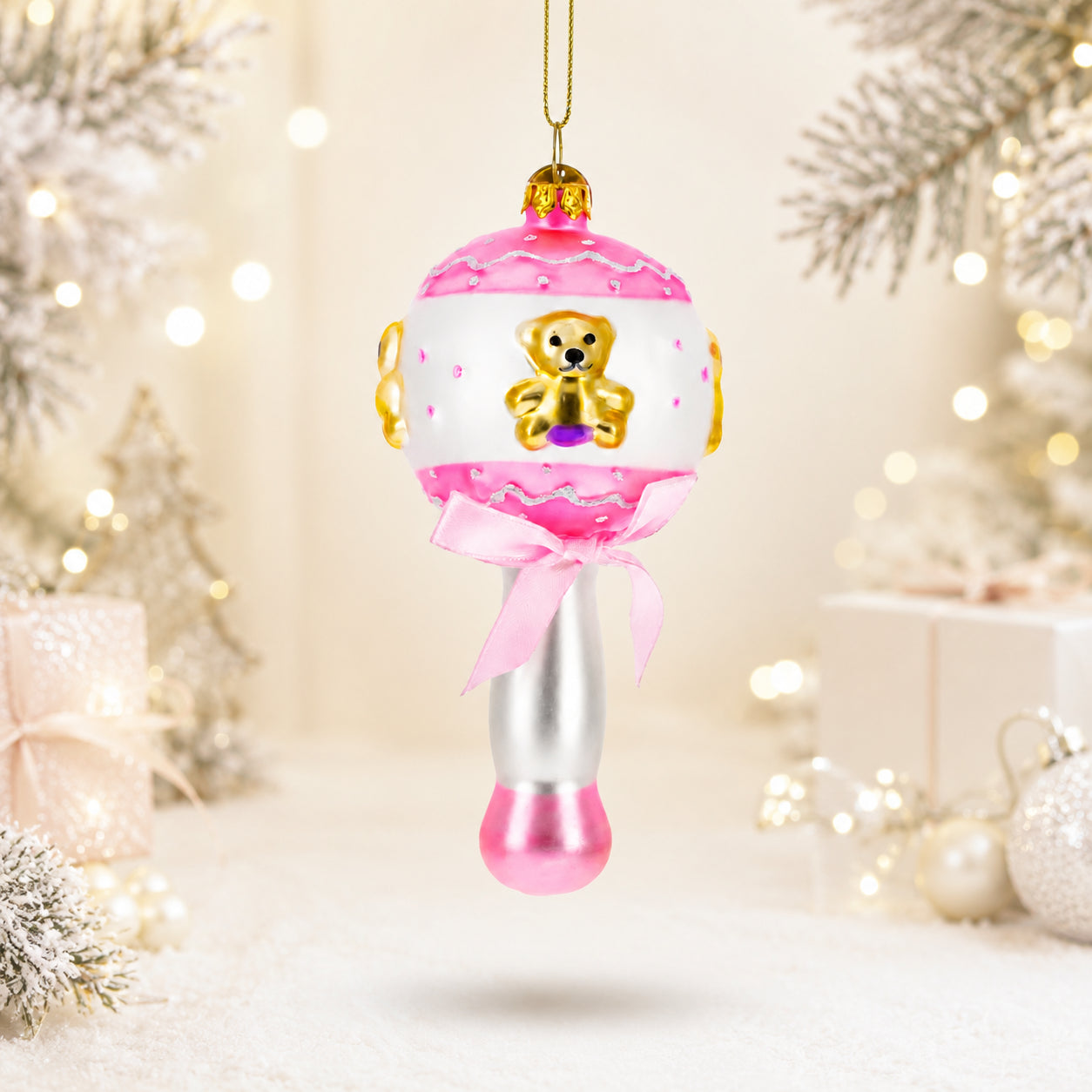 Delightful Baby Pink Rattle Glass Christmas Ornament