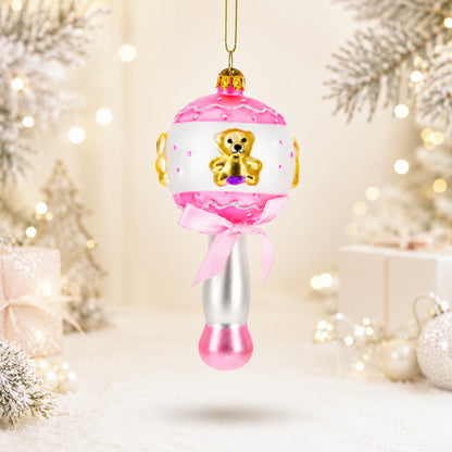 Delightful Baby Pink Rattle Glass Christmas Ornament
