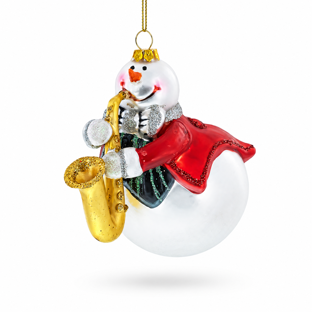 Jazzy Snowman Playing Saxophone Glass Christmas Ornament