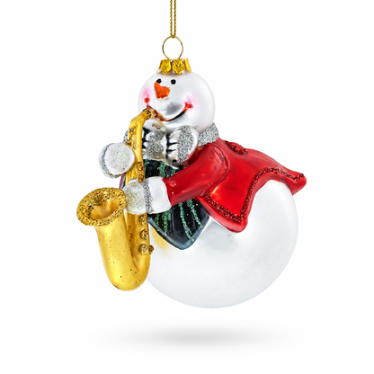 Jazzy Snowman Playing Saxophone Glass Christmas Ornament