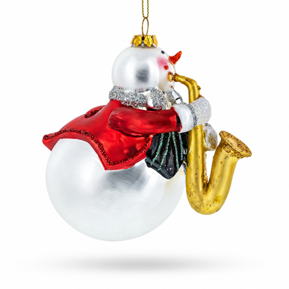 Jazzy Snowman Playing Saxophone Glass Christmas Ornament