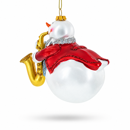 Jazzy Snowman Playing Saxophone Glass Christmas Ornament