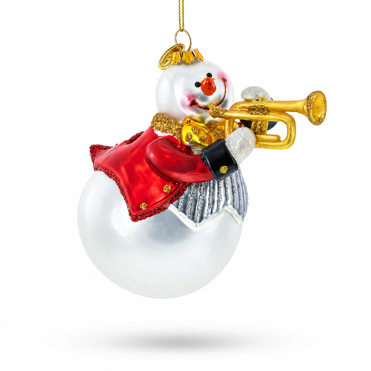 Festive Snowman Playing Trumpet Glass Christmas Ornament