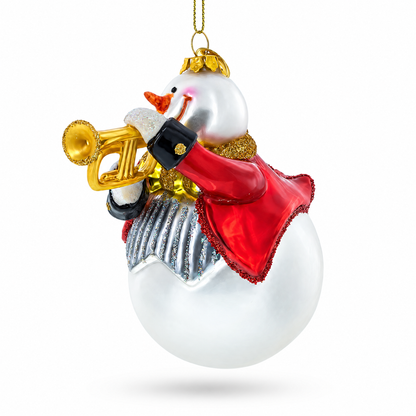 Festive Snowman Playing Trumpet Glass Christmas Ornament