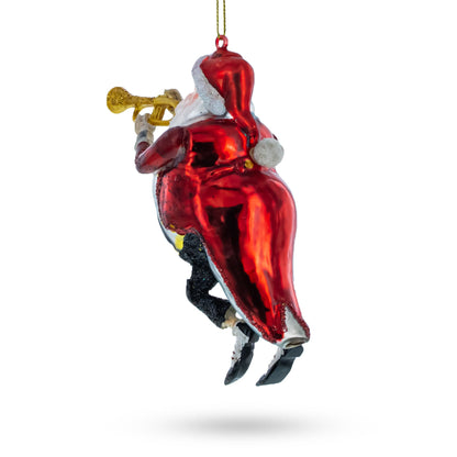 Santa Playing Trumpet Glass Christmas Ornament