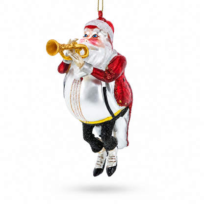 Santa Playing Trumpet Glass Christmas Ornament
