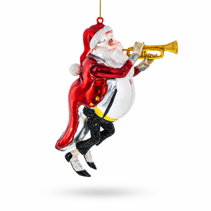 Santa Playing Trumpet Glass Christmas Ornament