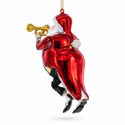 Santa Playing Trumpet Glass Christmas Ornament