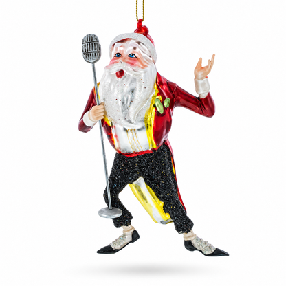 Jolly Singing Santa with Microphone Glass Christmas Ornament