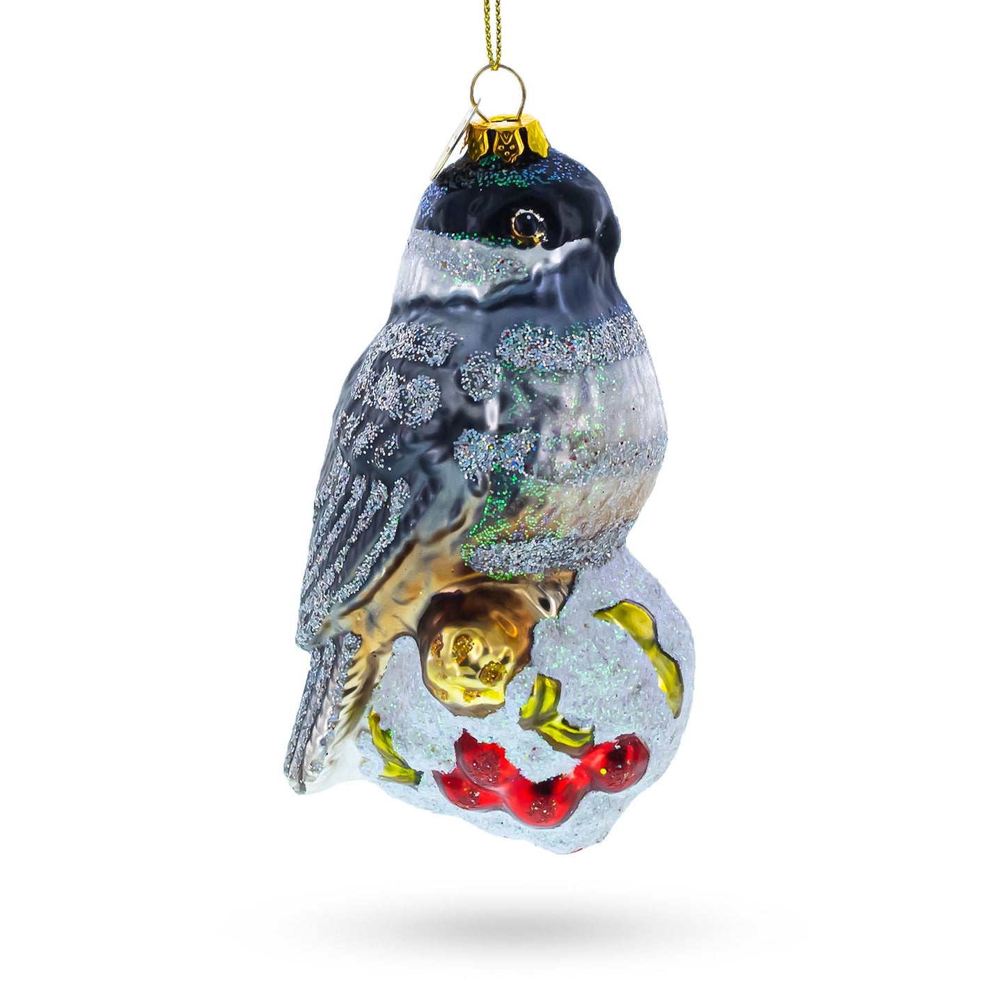 Chickadee Bird on Snowy Branch Glass Christmas Ornament