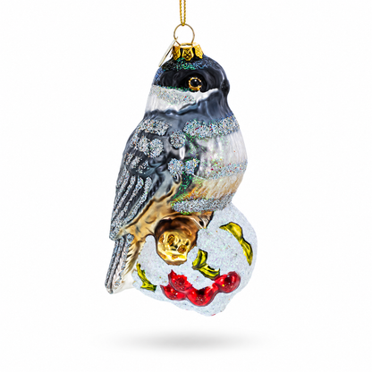 Chickadee Bird on Snowy Branch Glass Christmas Ornament