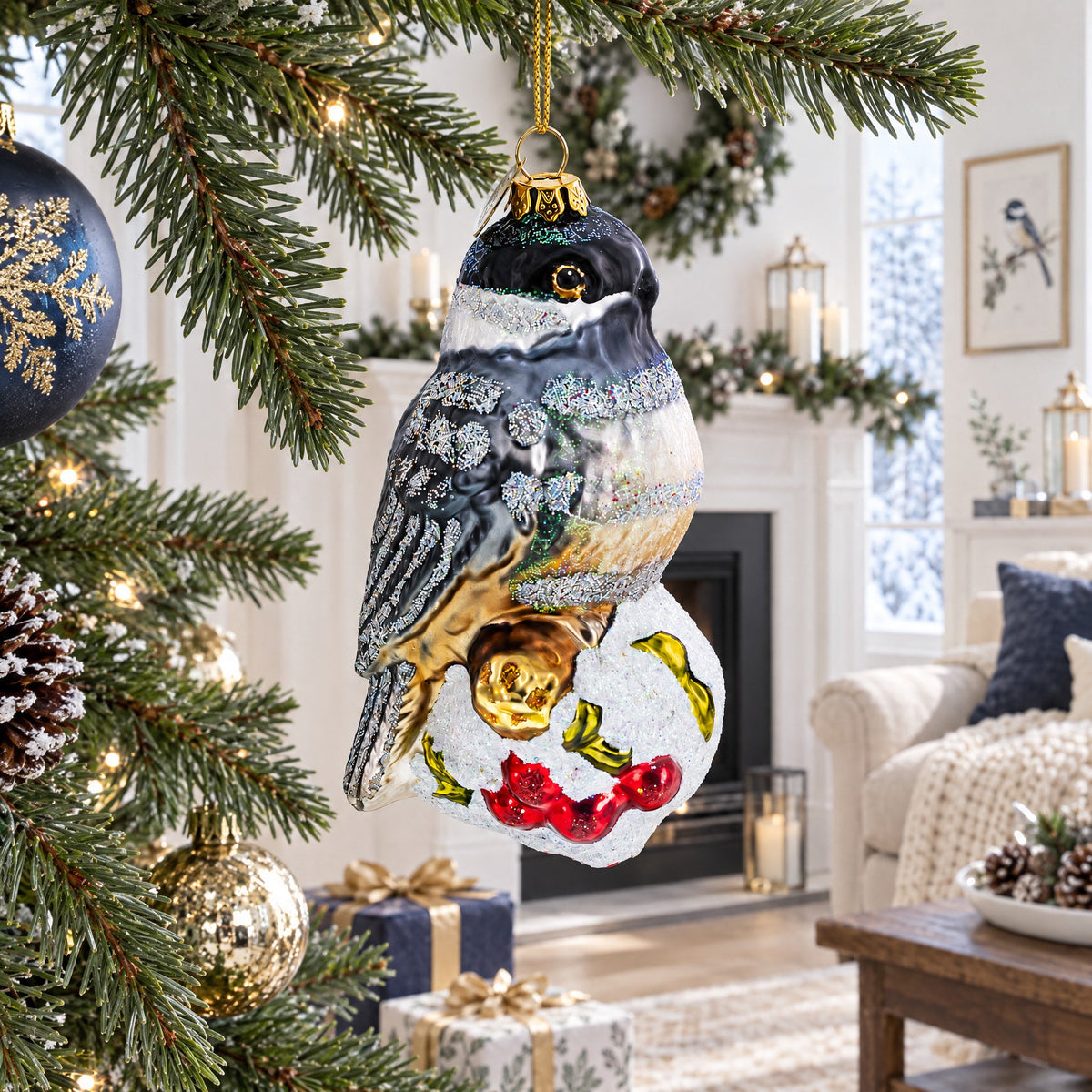 Chickadee Bird on Snowy Branch Glass Christmas Ornament