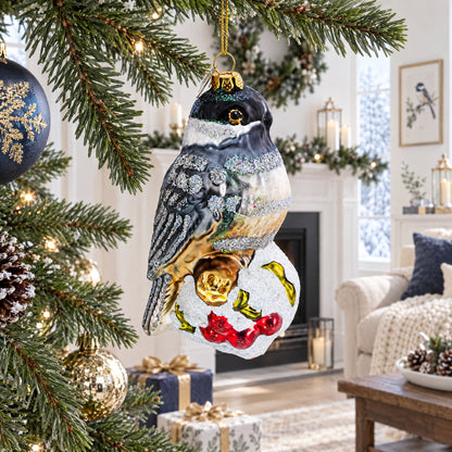 Chickadee Bird on Snowy Branch Glass Christmas Ornament