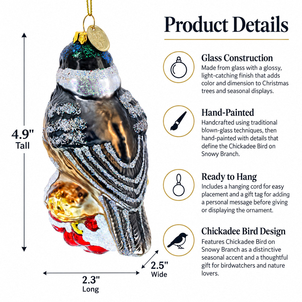 Chickadee Bird on Snowy Branch Glass Christmas Ornament