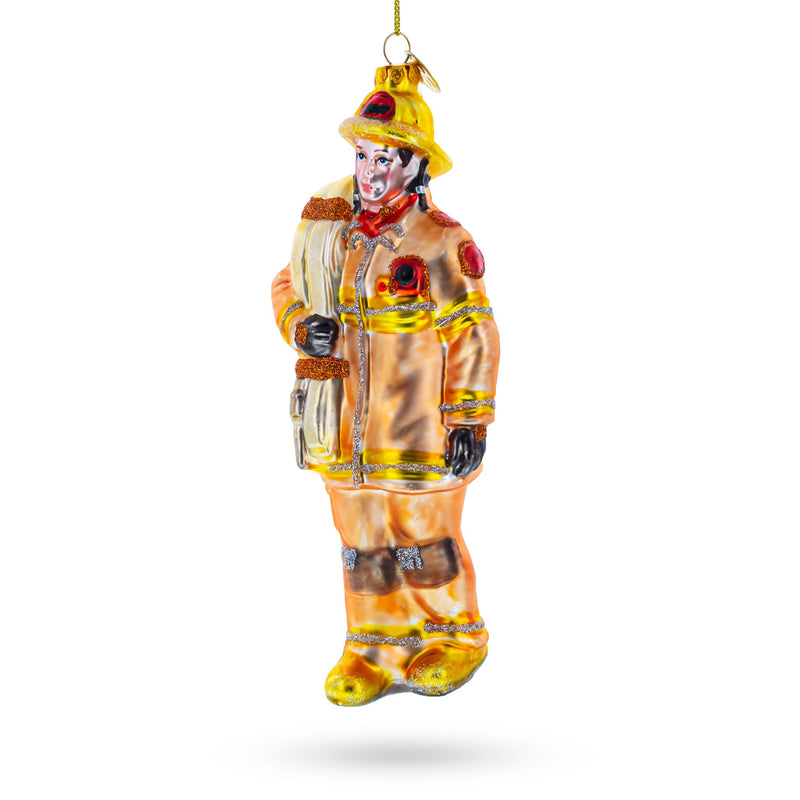 Heroic Fireman with Hose Glass Christmas Ornament