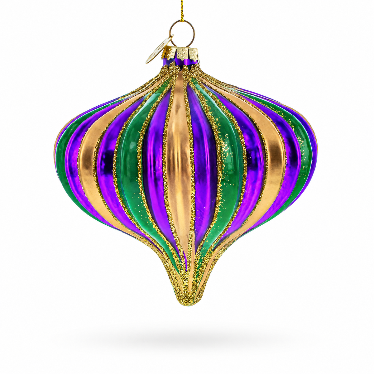 Purple Green Gold Glitter Stripe Teardrop Finial Glass Christmas Ornament