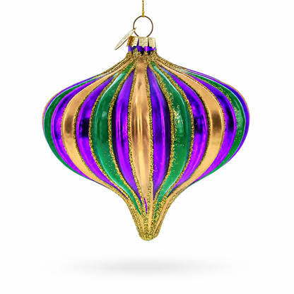 Purple Green Gold Glitter Stripe Teardrop Finial Glass Christmas Ornament