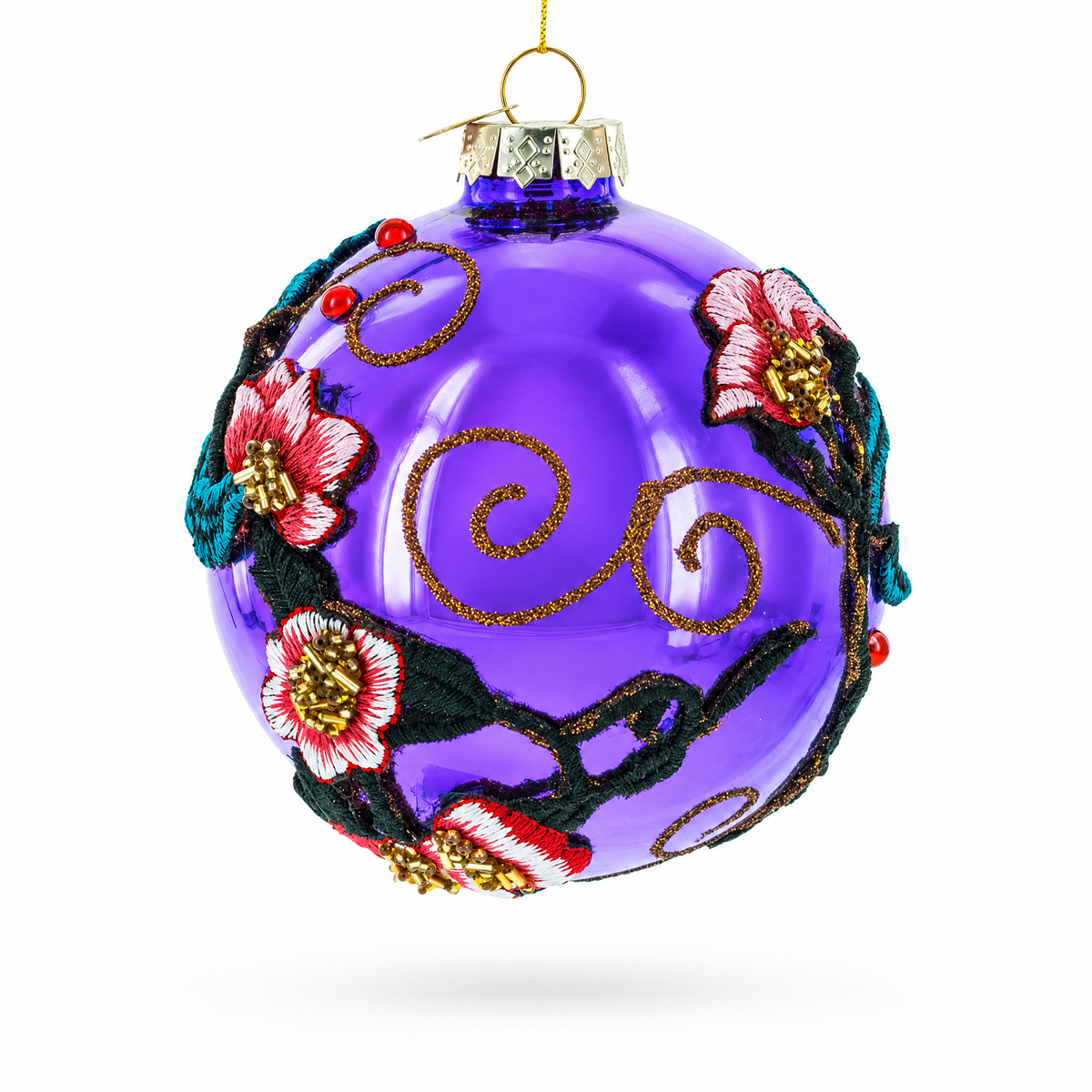 Embroidered Flowers on Purple Glass Ball Christmas Ornament
