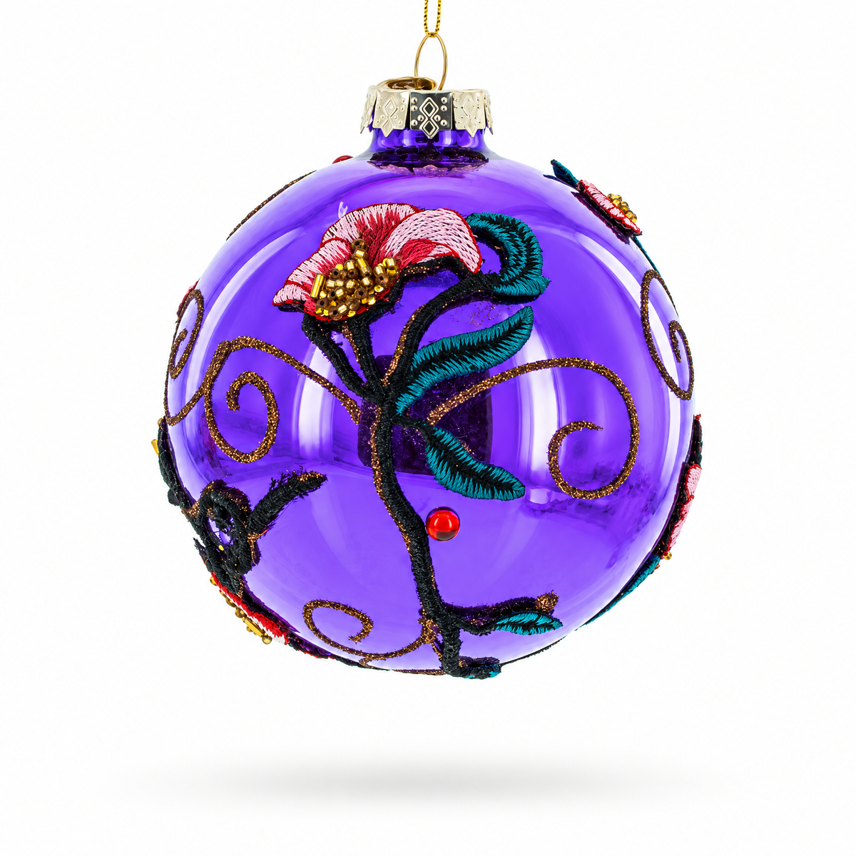 Embroidered Flowers on Purple Glass Ball Christmas Ornament