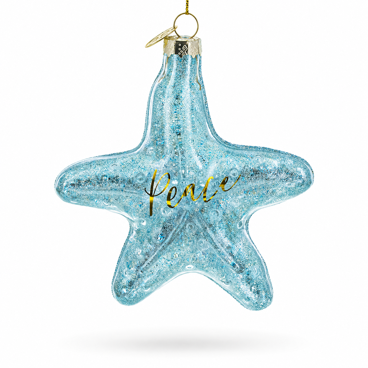 Blue Shiny Star "Piece" Glass Christmas Ornament