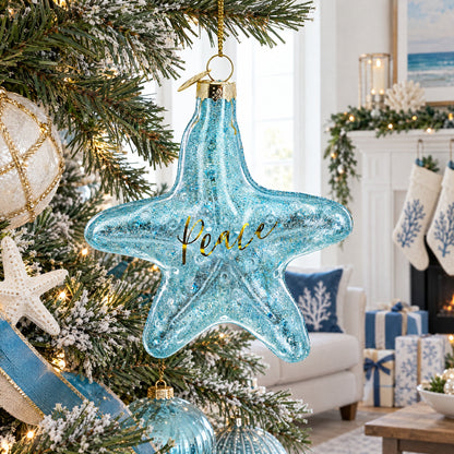 Blue Shiny Star "Piece" Glass Christmas Ornament
