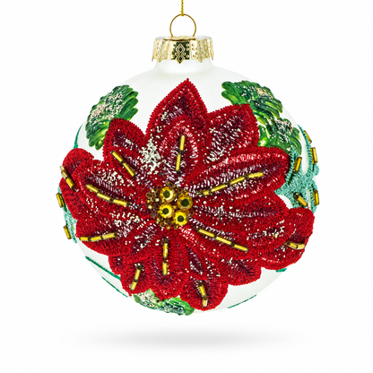 Beaded Red Flower Adorning Glass Ball Christmas Ornament