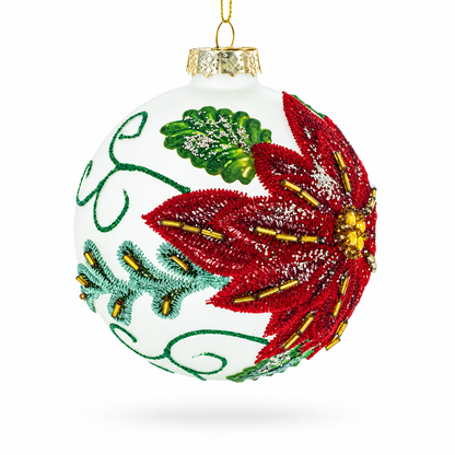 Beaded Red Flower Adorning Glass Ball Christmas Ornament