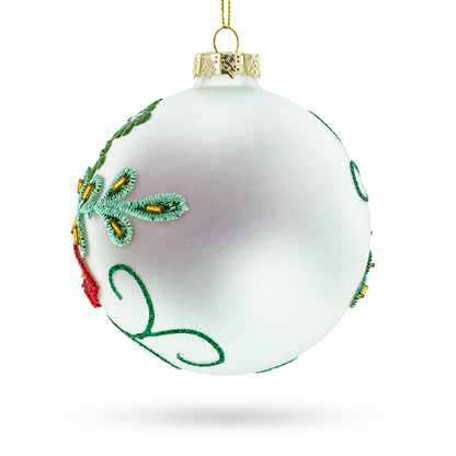 Beaded Red Flower Adorning Glass Ball Christmas Ornament