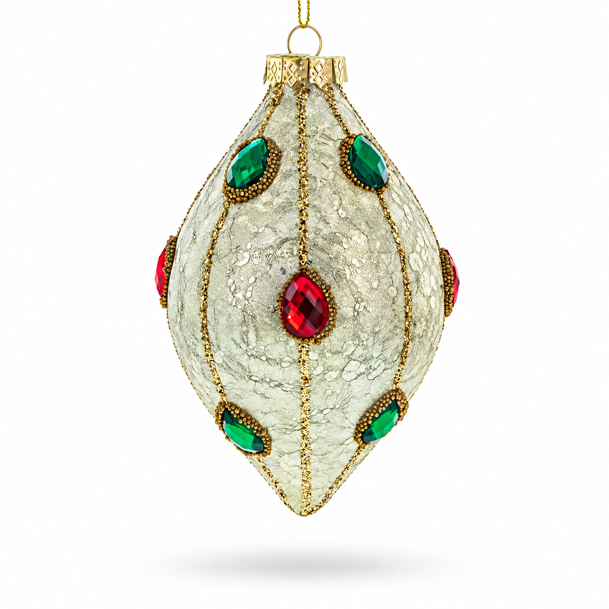 Green and Red Rhombus Glass Christmas Ornament Adorned with Jewelry