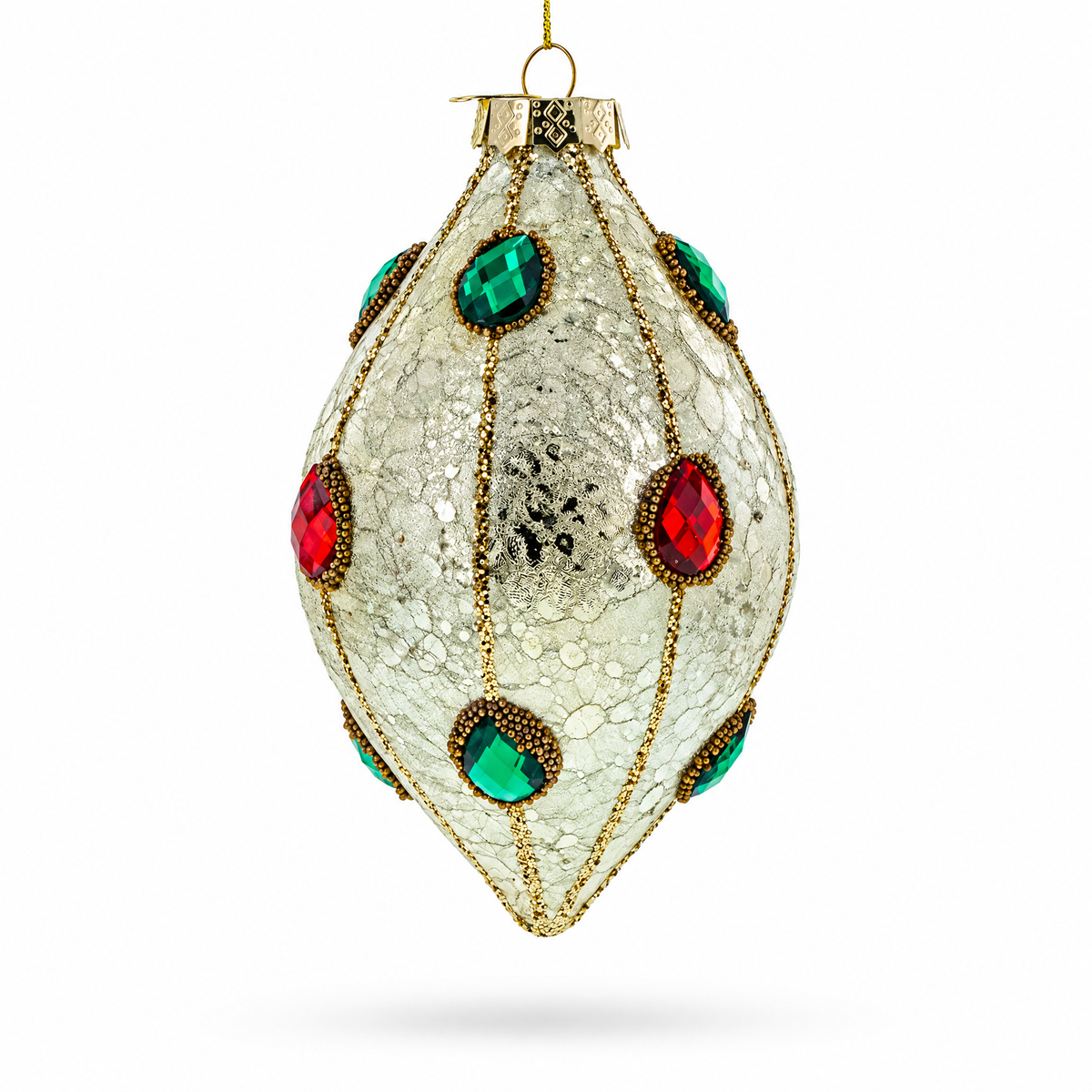 Green and Red Rhombus Glass Christmas Ornament Adorned with Jewelry