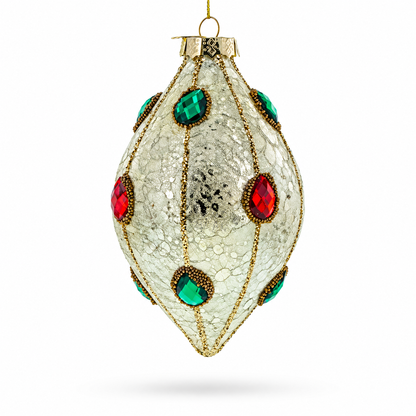 Green and Red Rhombus Glass Christmas Ornament Adorned with Jewelry