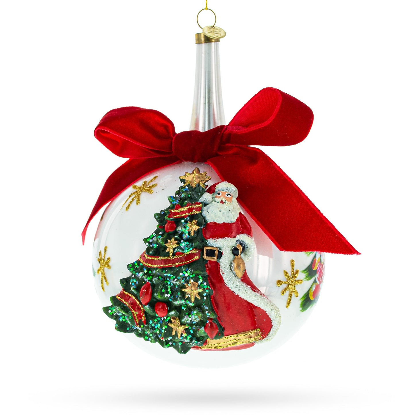 Large Santa, Tree, and Red Bow Glass Ball Christmas Ornament 7 Inches