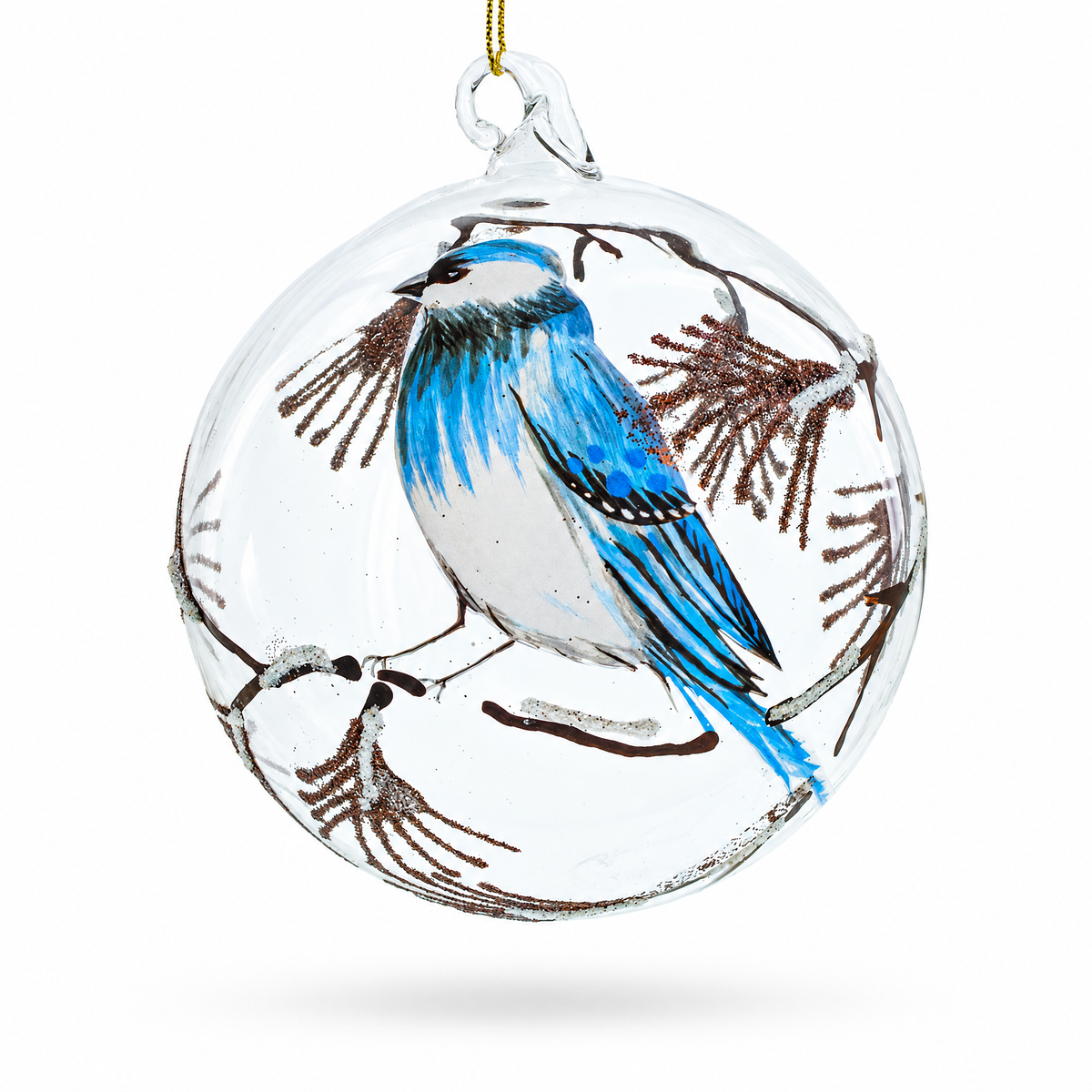 Bluebird In Frosted Forest Scene Glass Ball Christmas Ornament