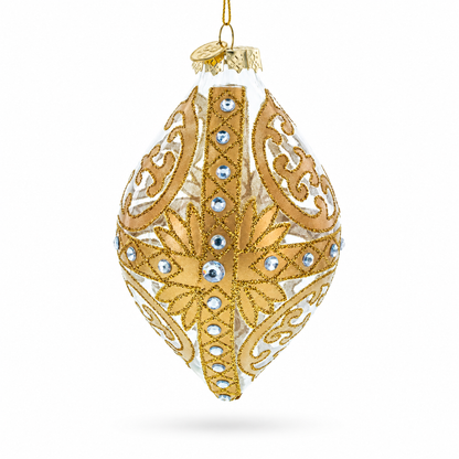Gold Scroll with Jewel Accents Rhombus Finial Glass Christmas Ornament