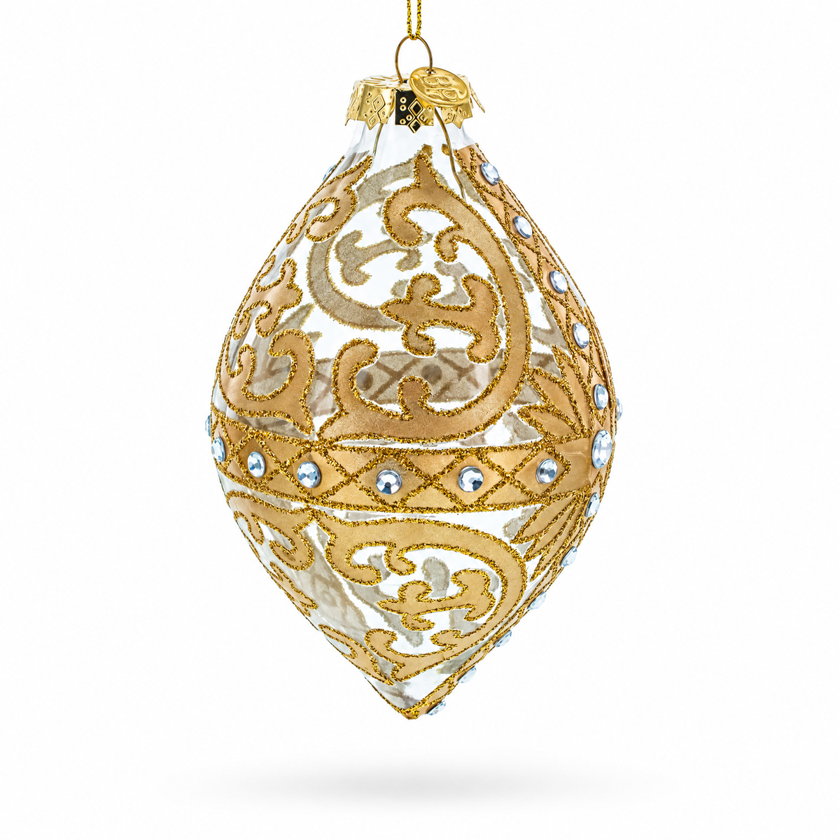 Gold Scroll with Jewel Accents Rhombus Finial Glass Christmas Ornament