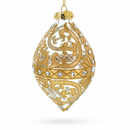 Gold Scroll with Jewel Accents Rhombus Finial Glass Christmas Ornament