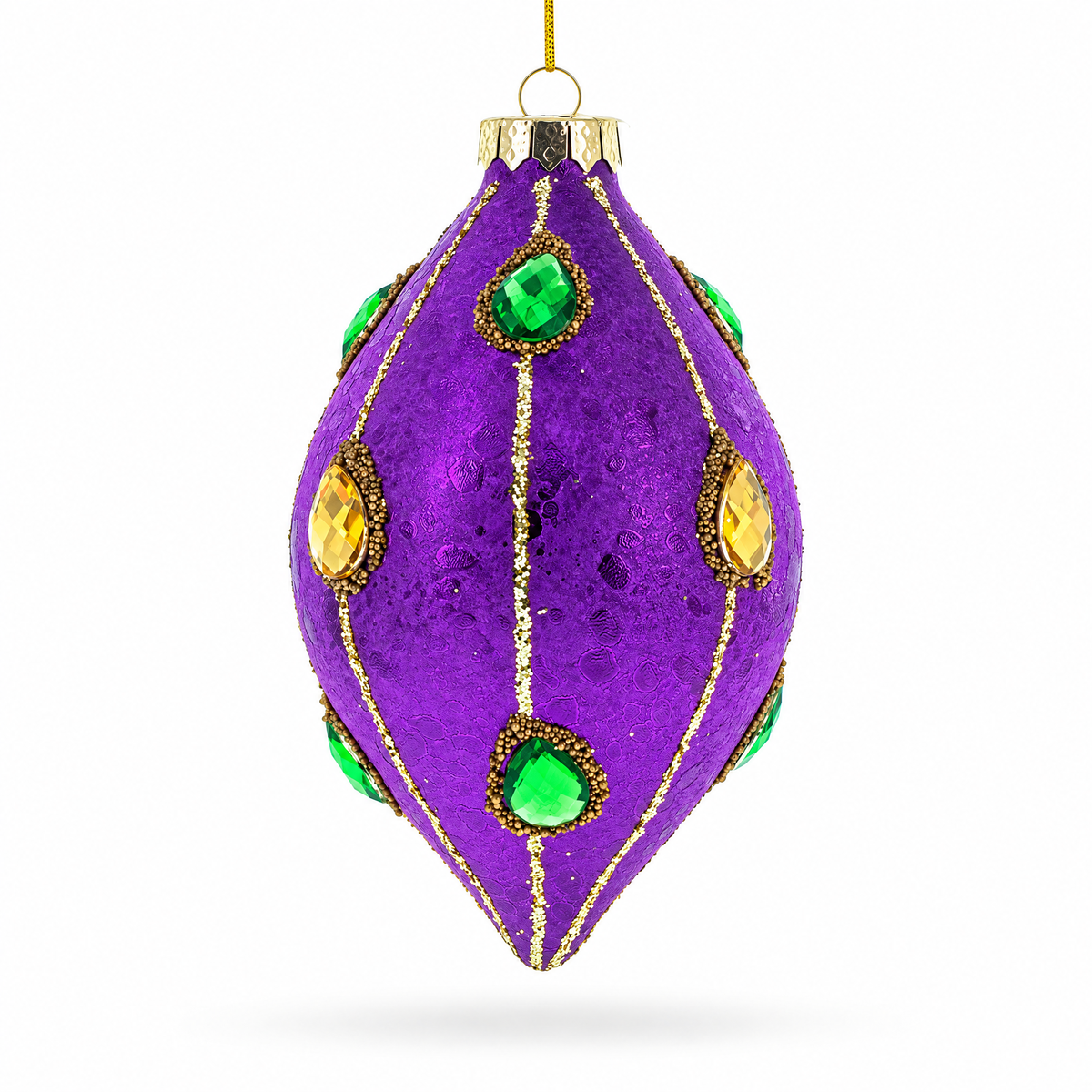 Jeweled-Accent Purple Rhombus Finial Glass Christmas Ornament