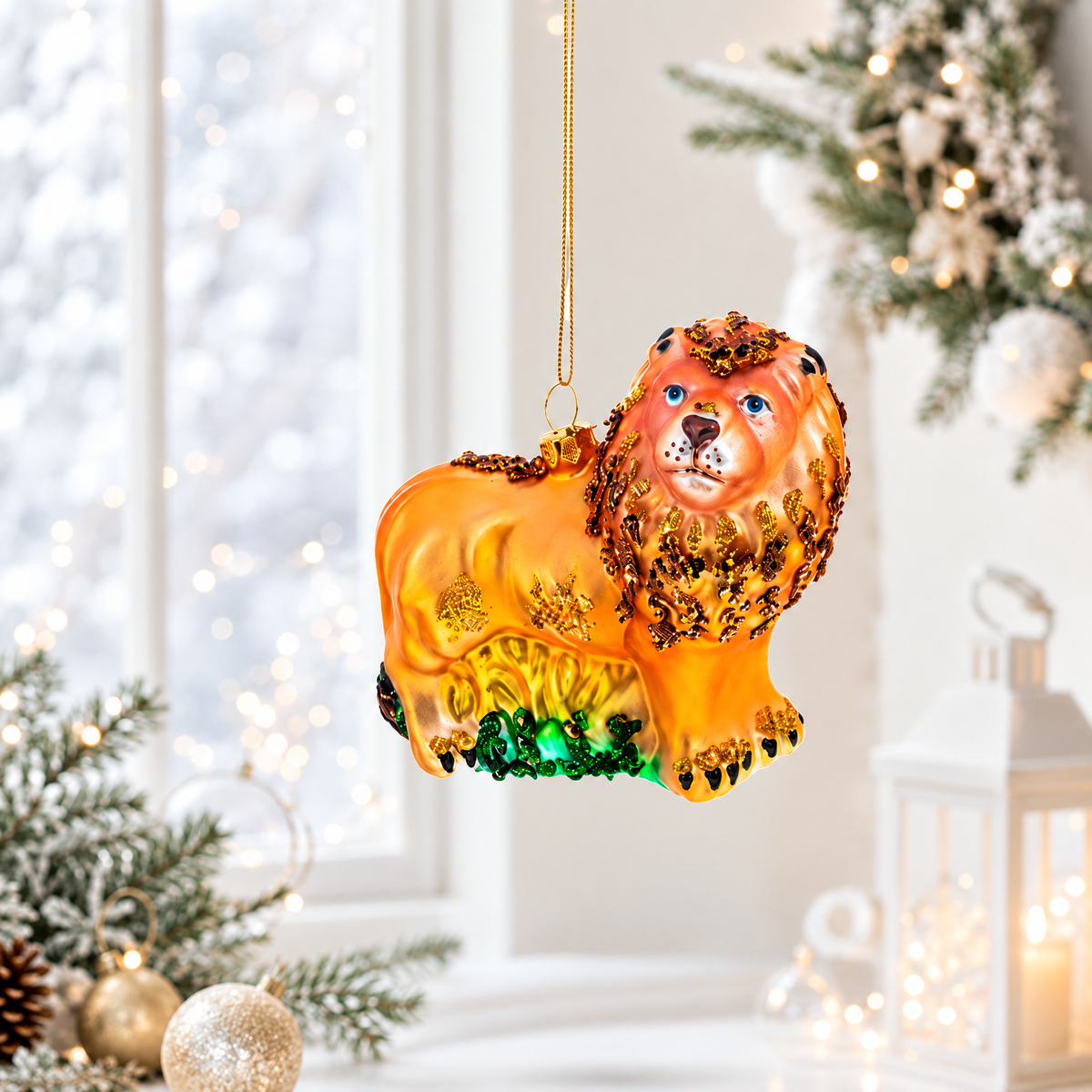 Glittered Lion Glass Christmas Ornament