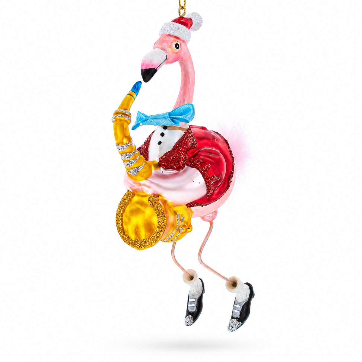 Flamingo Playing Saxophone Glass Christmas Ornament