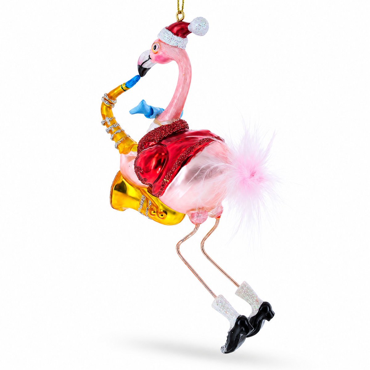 Flamingo Playing Saxophone Glass Christmas Ornament
