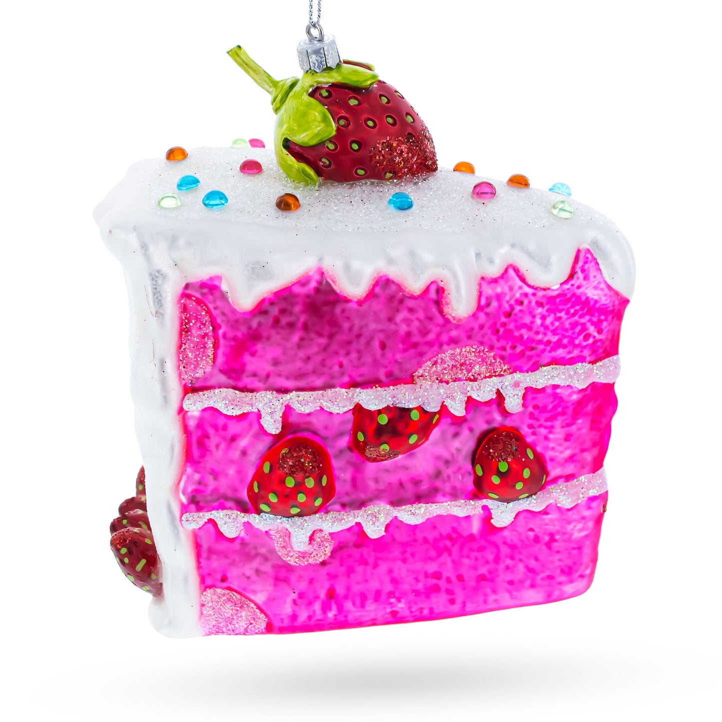 Piece of Strawberry Cake Glass Christmas Ornament
